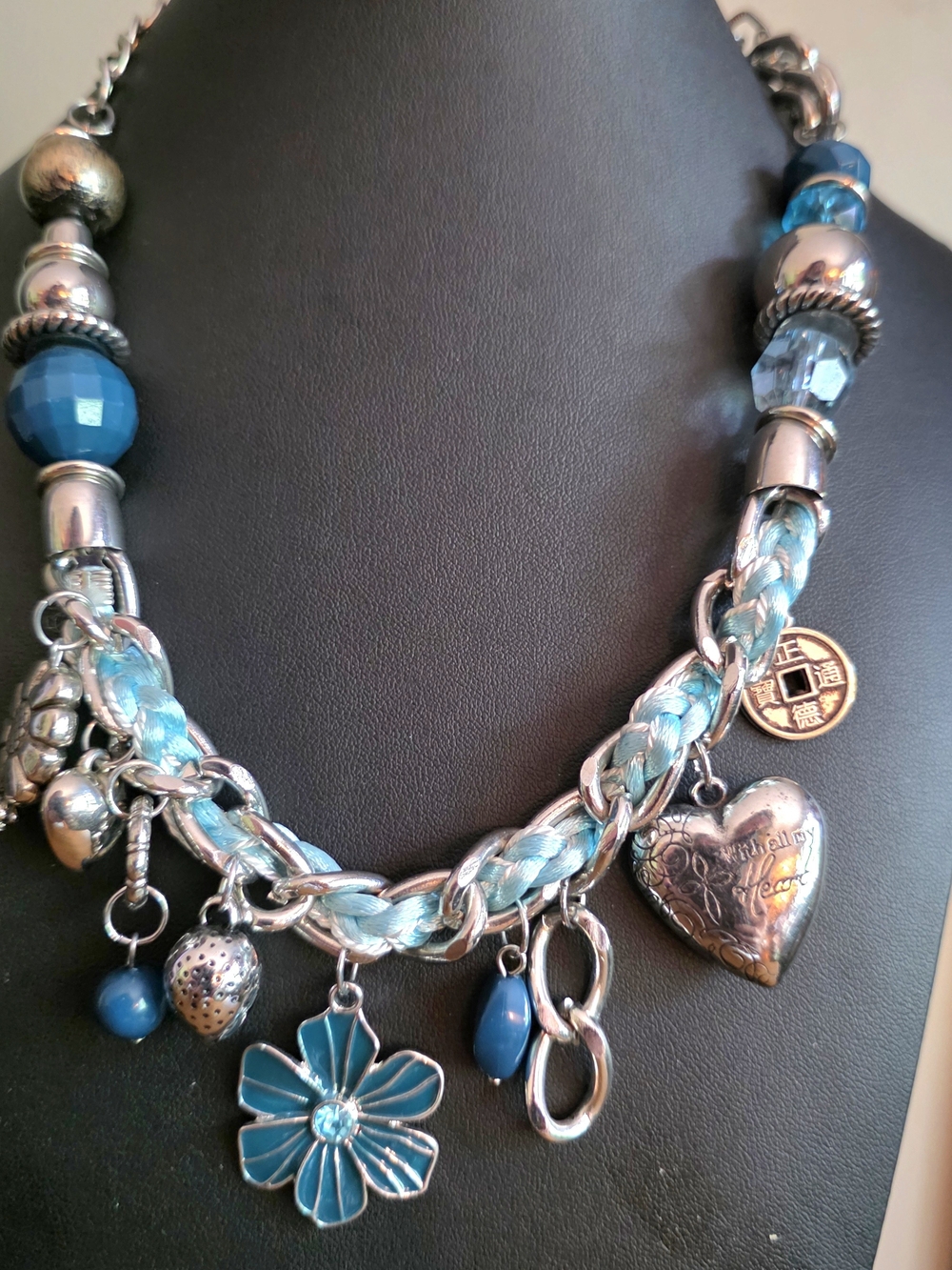 Charm Collar, Braided Cord & Chain, Blue Enamel, Mixed Media, Statement Necklace